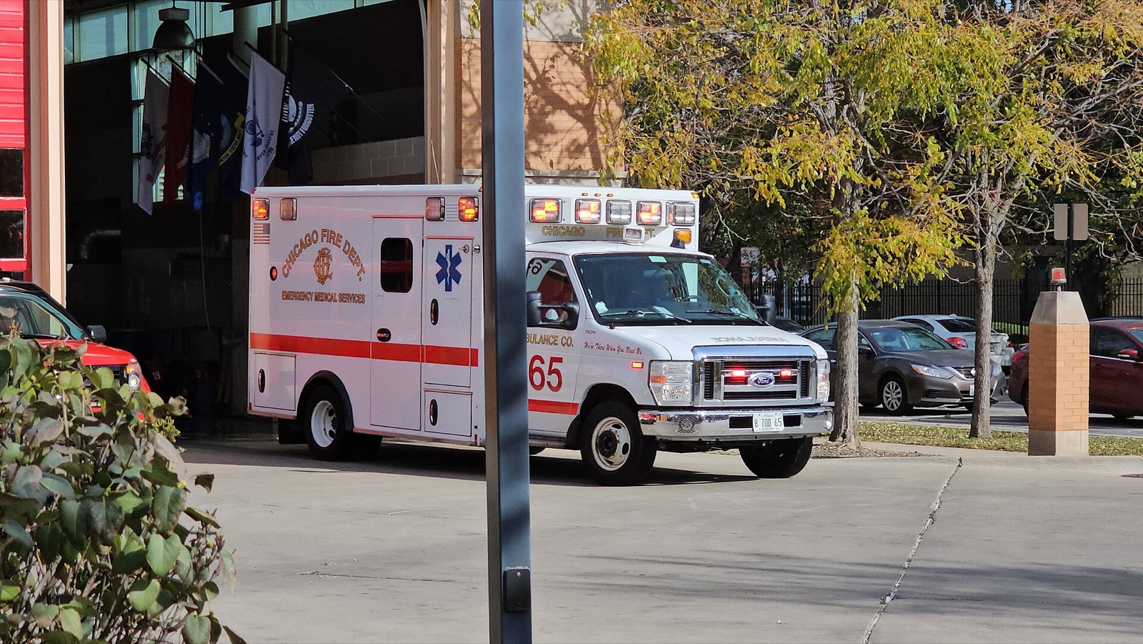 A Chicago Fire Department ambulance leaving a station