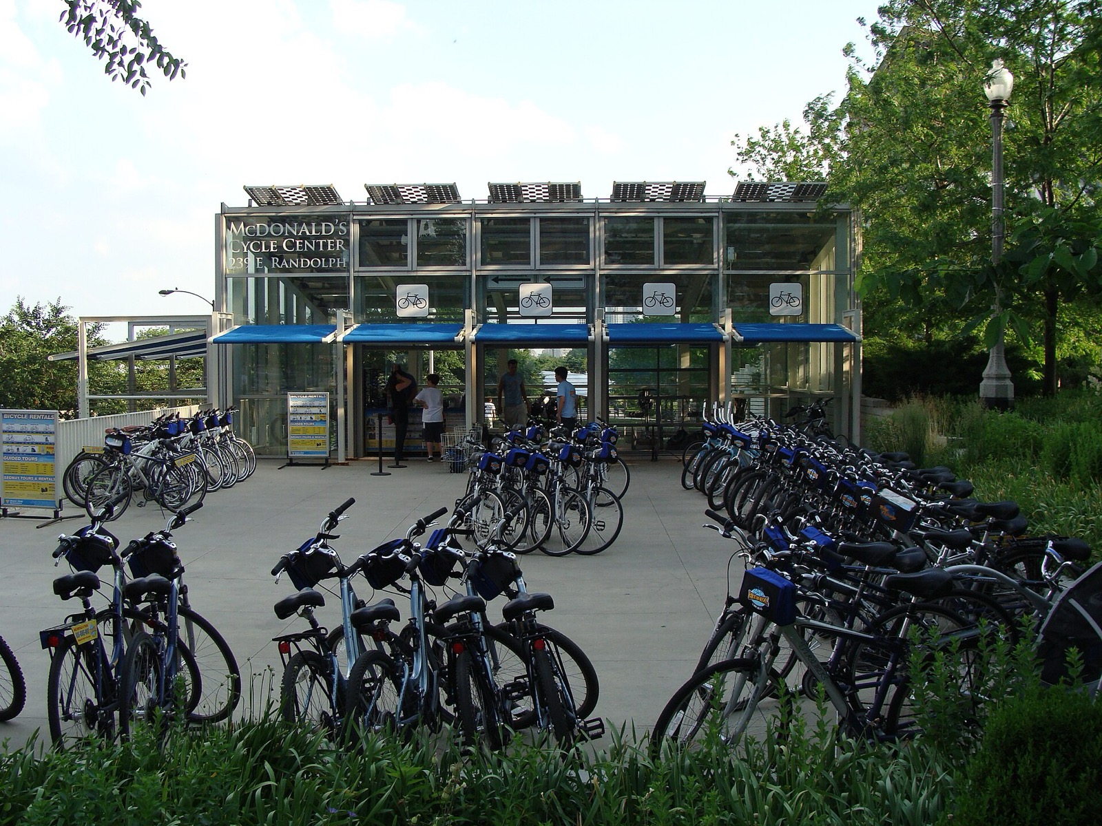 Front of McDonald's Cycle Center in Millennium Park with bikes parked in front