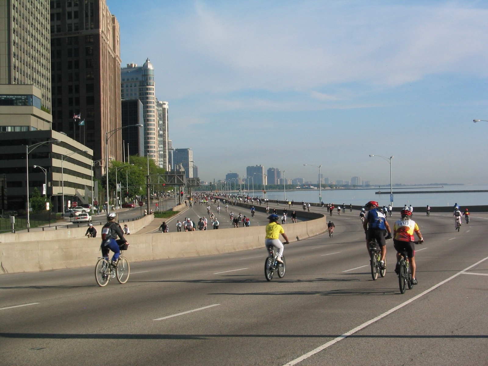 Riders filling DuSable Lake Shore Drive in Streeterville during Bike the Drive
