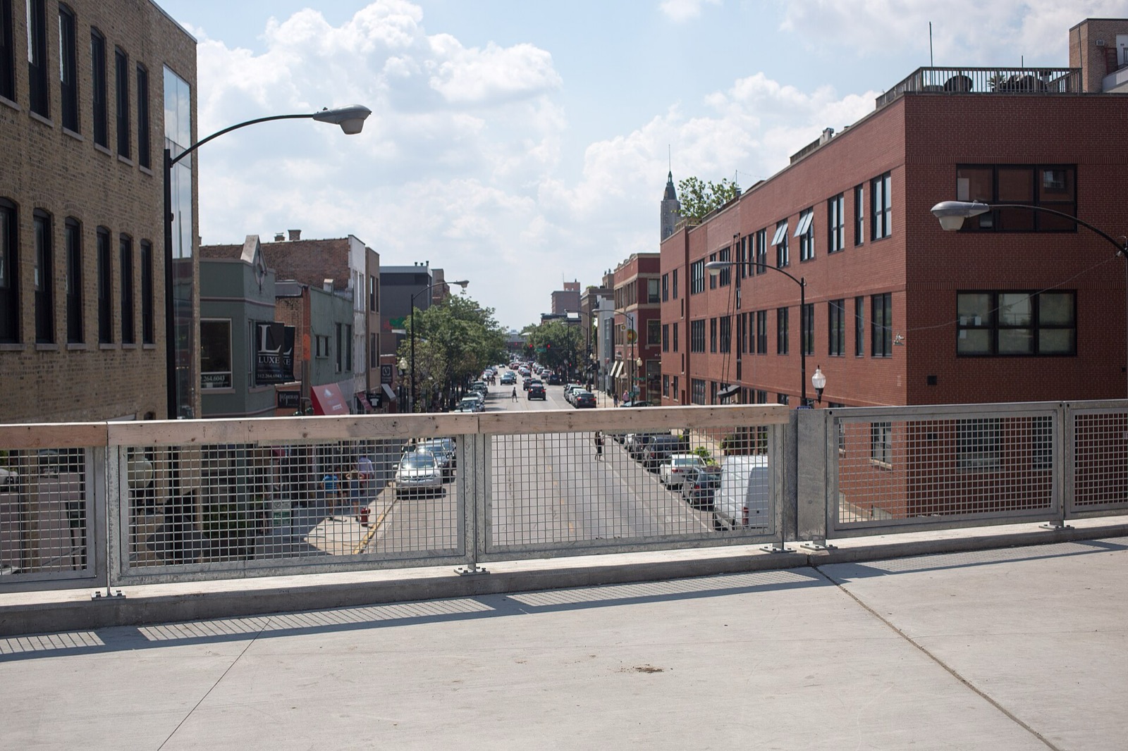 The view down a Bucktown street from the concrete deck of the 606