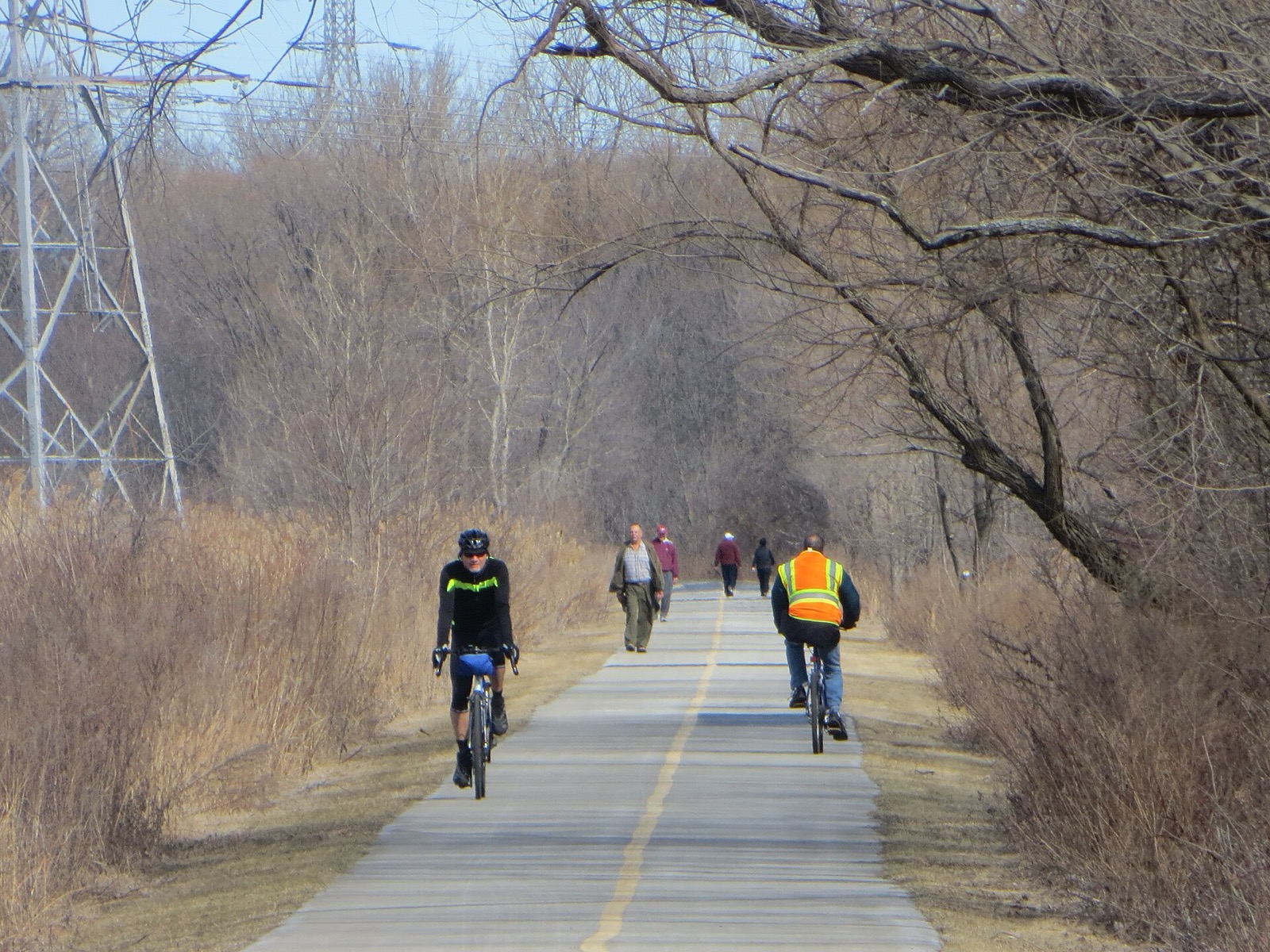 Cyclists and walkers on the paved Burnham Greenway beside power lines and trees