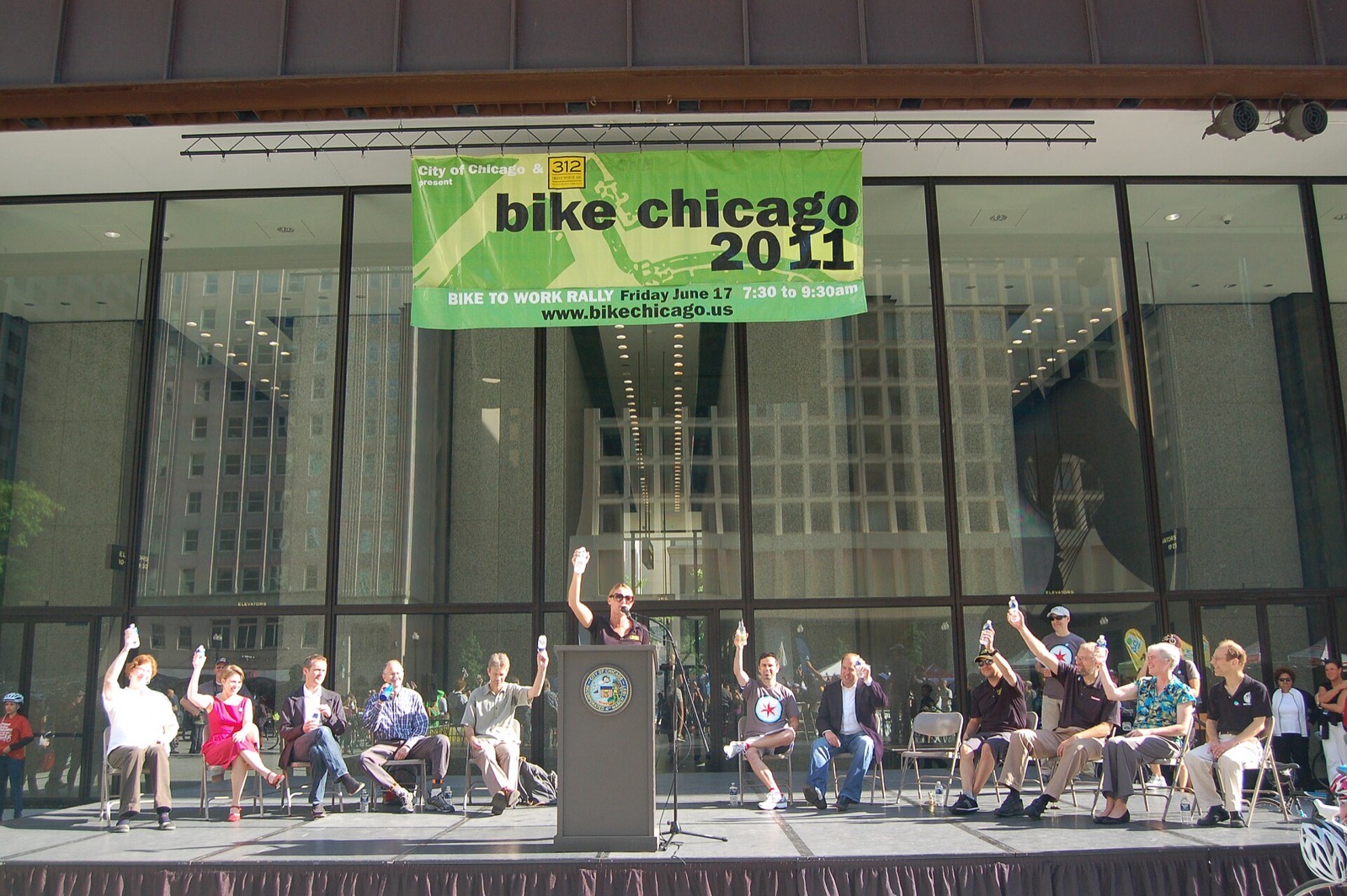 Stage at Daley Plaza under a Bike Chicago 2011 Bike to Work Rally banner