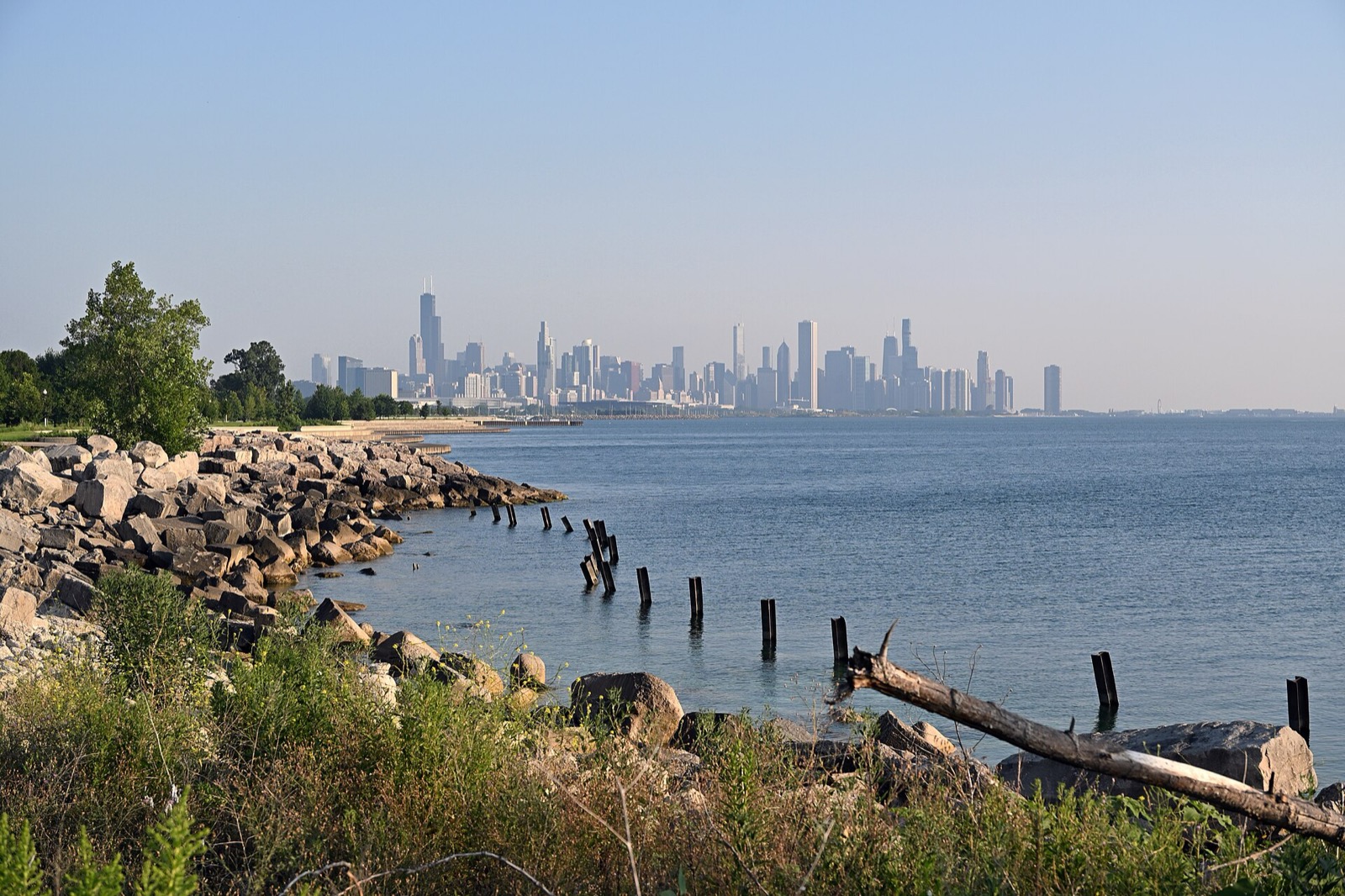 Downtown Chicago skyline across Lake Michigan from the Lakefront Trail near Morgan Point