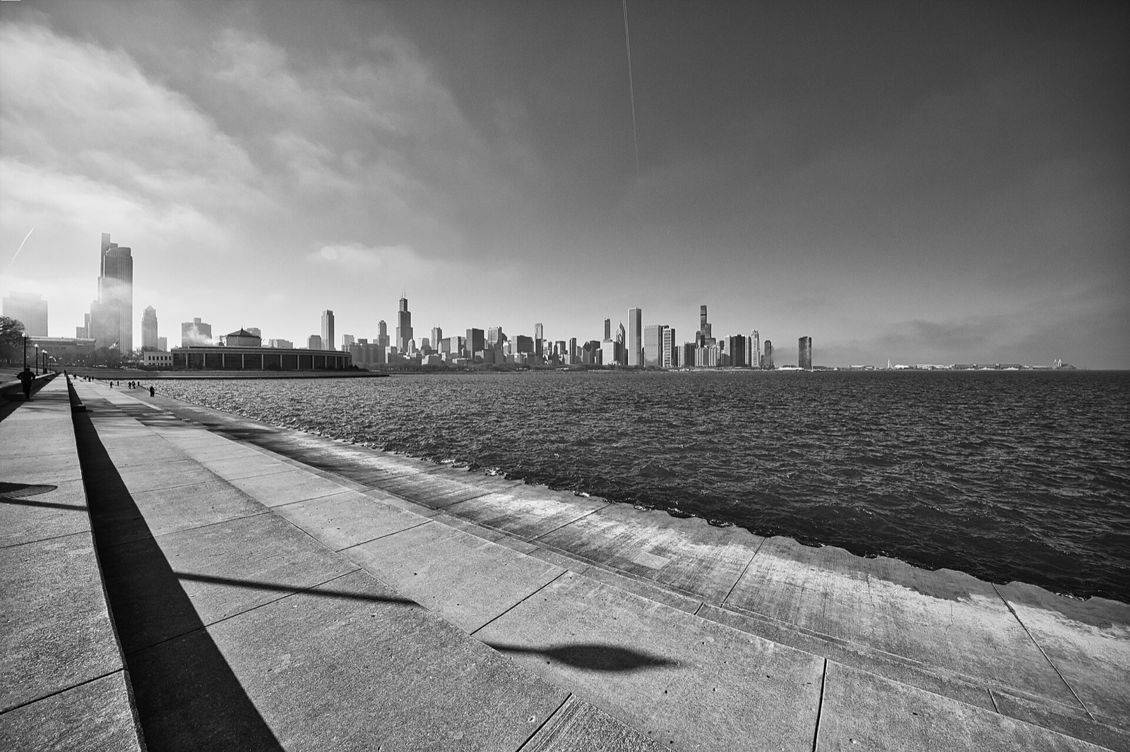 The Chicago skyline across the water, seen from the Adler Planetarium Skyline Walk on Museum Campus