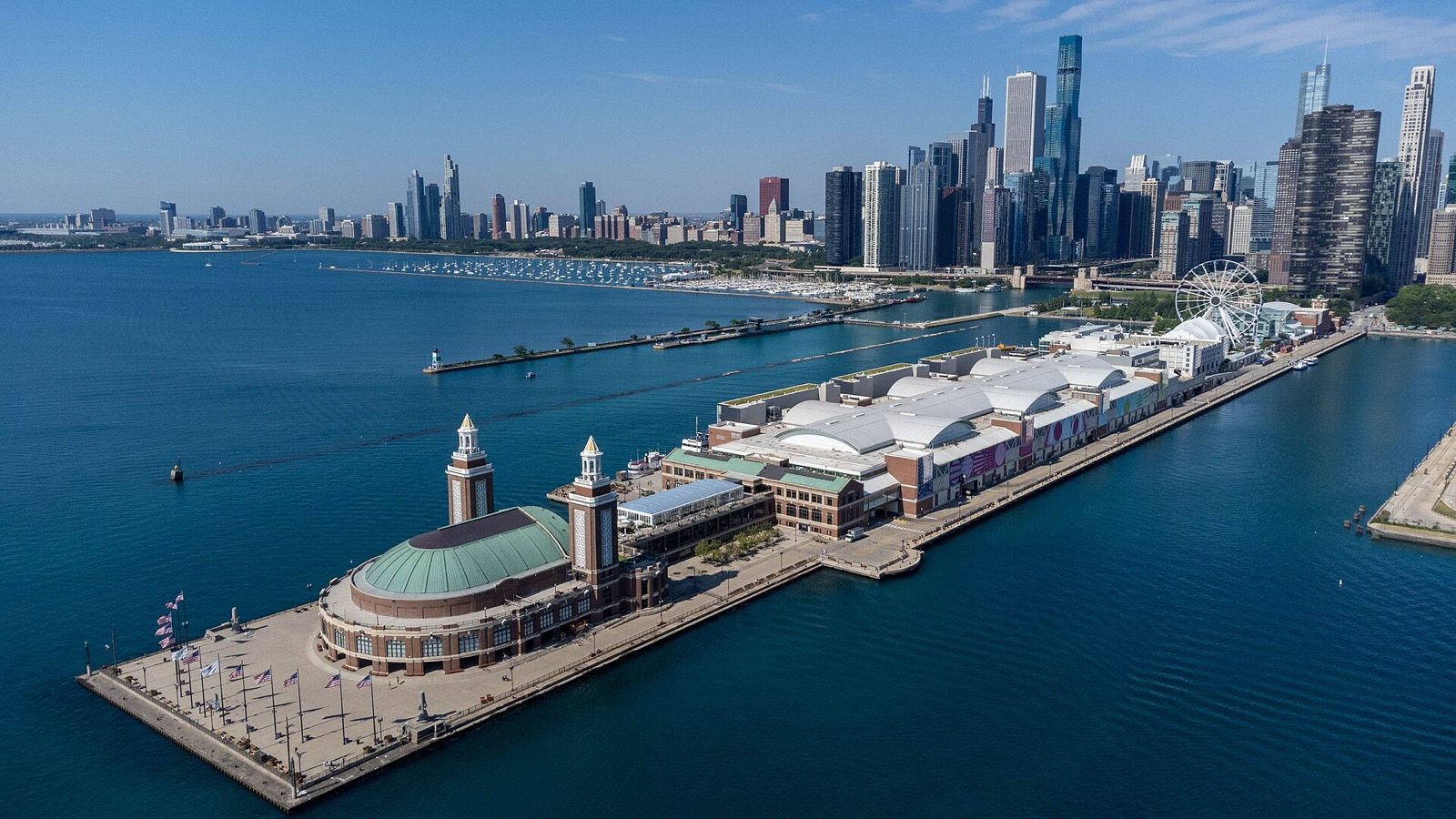 Aerial view of Navy Pier and the Chicago skyline from the southeast