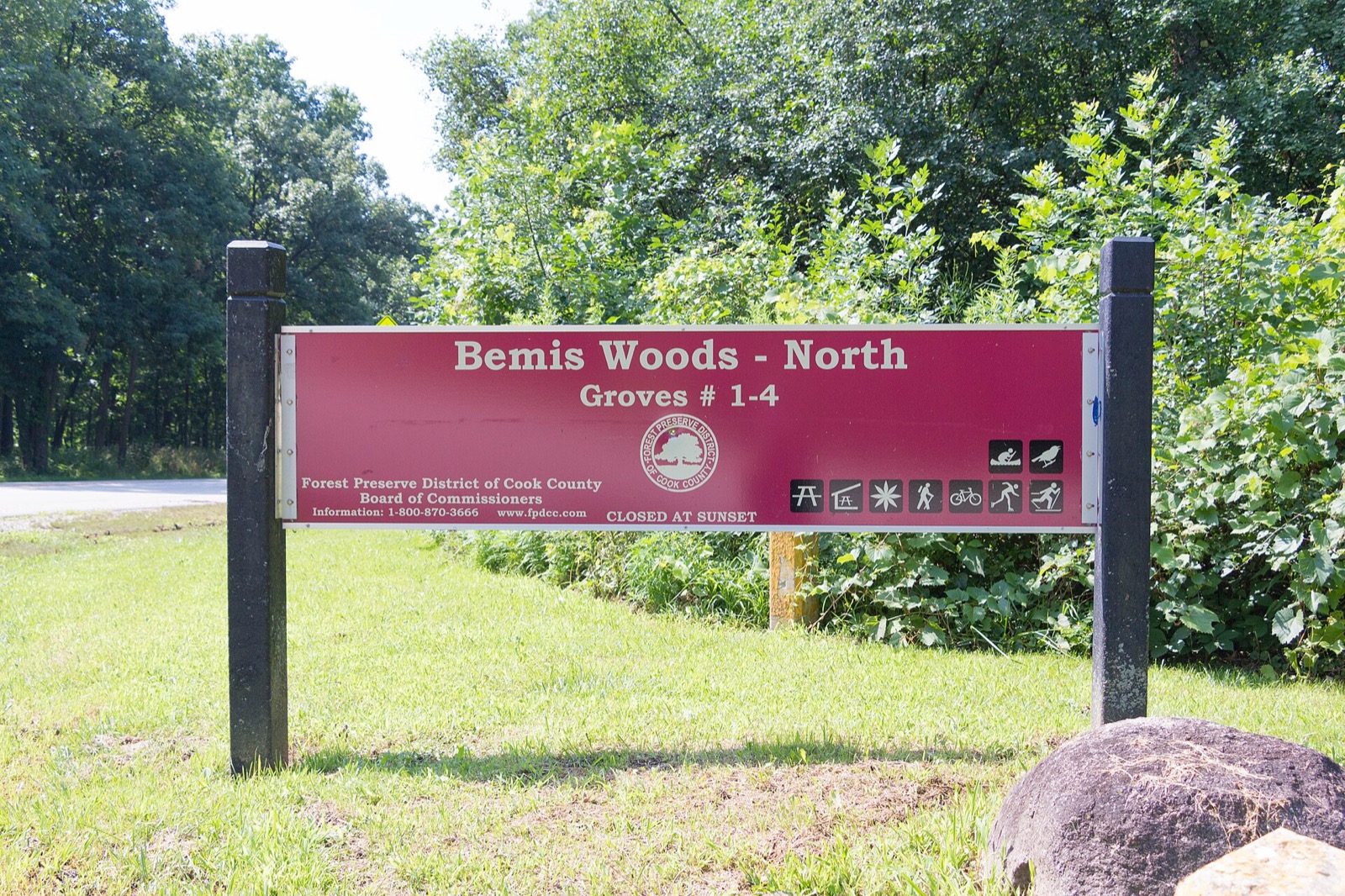 The Bemis Woods North entrance sign on the Salt Creek Trail